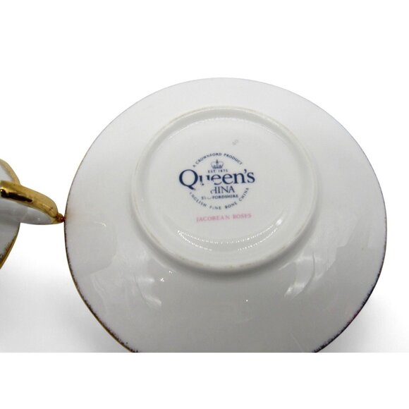 QUEENS CHINA Jacobean Roses Tea Cup And Saucer Gold Trim England Vintage - Picture 10 of 12